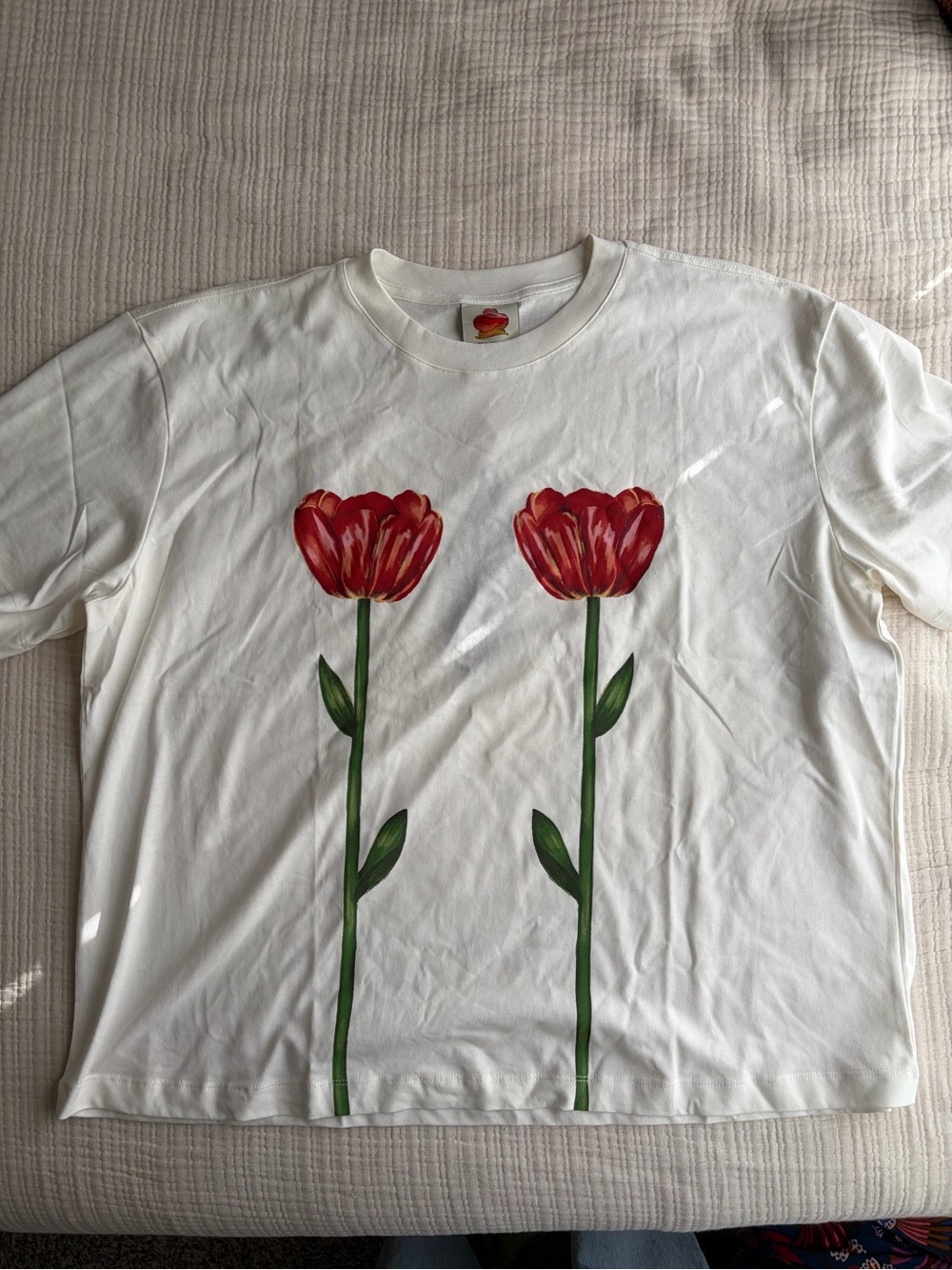 FARM Rio White Tee with Red Tulip Print